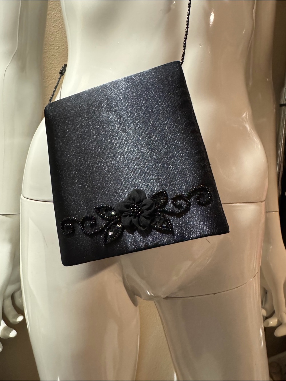 Vintage Jessica McClintock Black Satin Beaded Floral Crossbody Bag